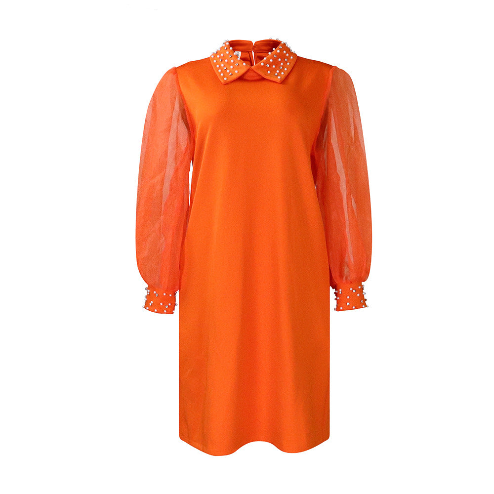Women Dress Fashion Mesh Sleeves Beaded